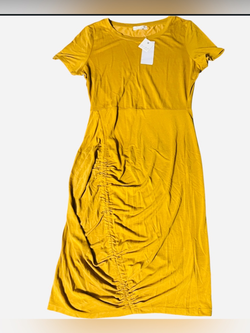 Ultra Flirt Mustard Ruched Short-Sleeve Midi Dress